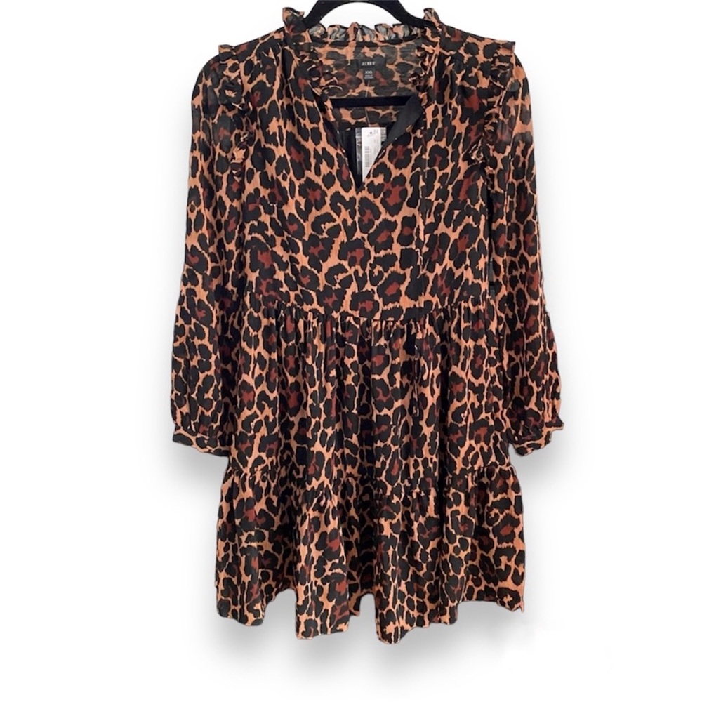 J. Crew Tie-Neck Dress in Leopard Crinkle Chiffon, size XXS, NWT